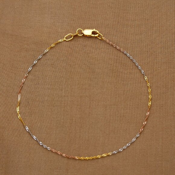 10K Gold Multi-colored Ankle Bracelet, 3 Tone Trendy Bracelet, 10" Dainty Anklet - Picture 1 of 7